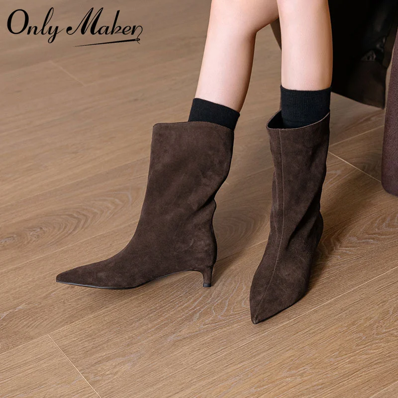 

Onlymaker Women Kitten Heels Suede Pointed Toe Mid-calf Boots Low Heels Warm Fashion Slip On Autumn Winter Modern Woman Boots