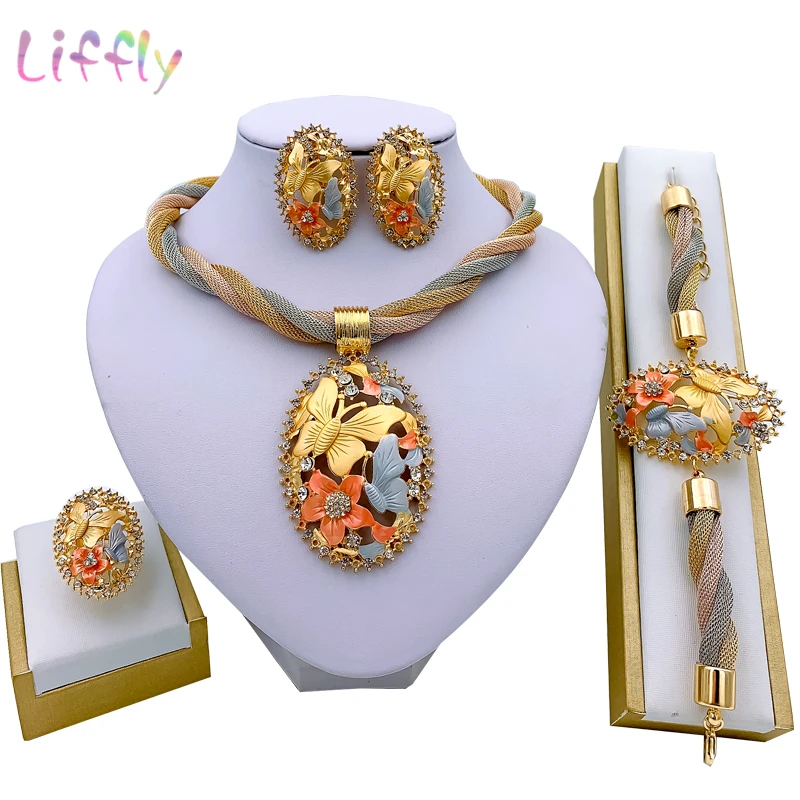 African Necklace Earrings Dubai Gold Color Jewelry Set for Women Wedding Bridal Travel Party Bracelet Ring Pendant Jewelry