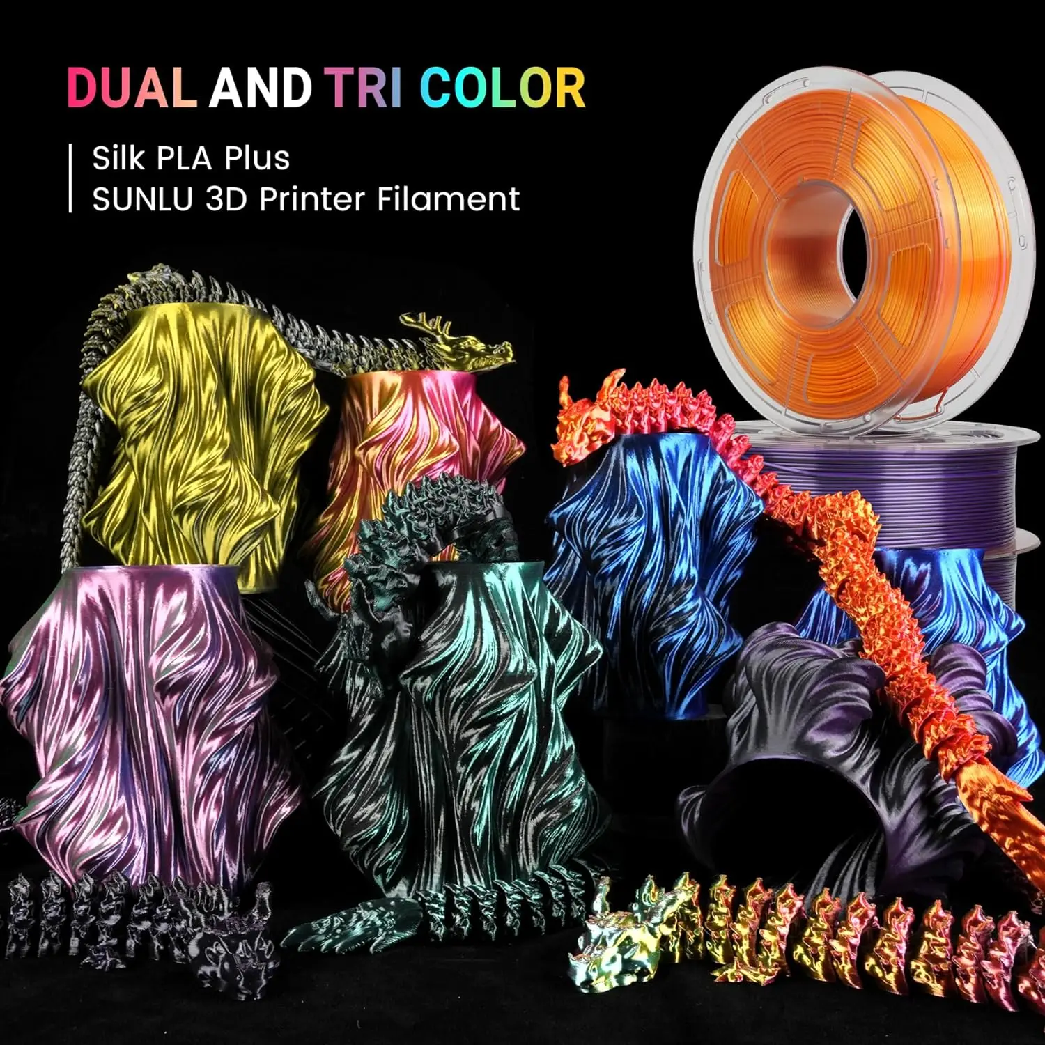 Imagem -06 - Sunlu-pla Plus Silk Printer Filament 3d Impressão Material Dual e Triplo Cores Brilhante Pla Mais Texturas de Seda Cuidadosamente Ferida 175 mm 1kg