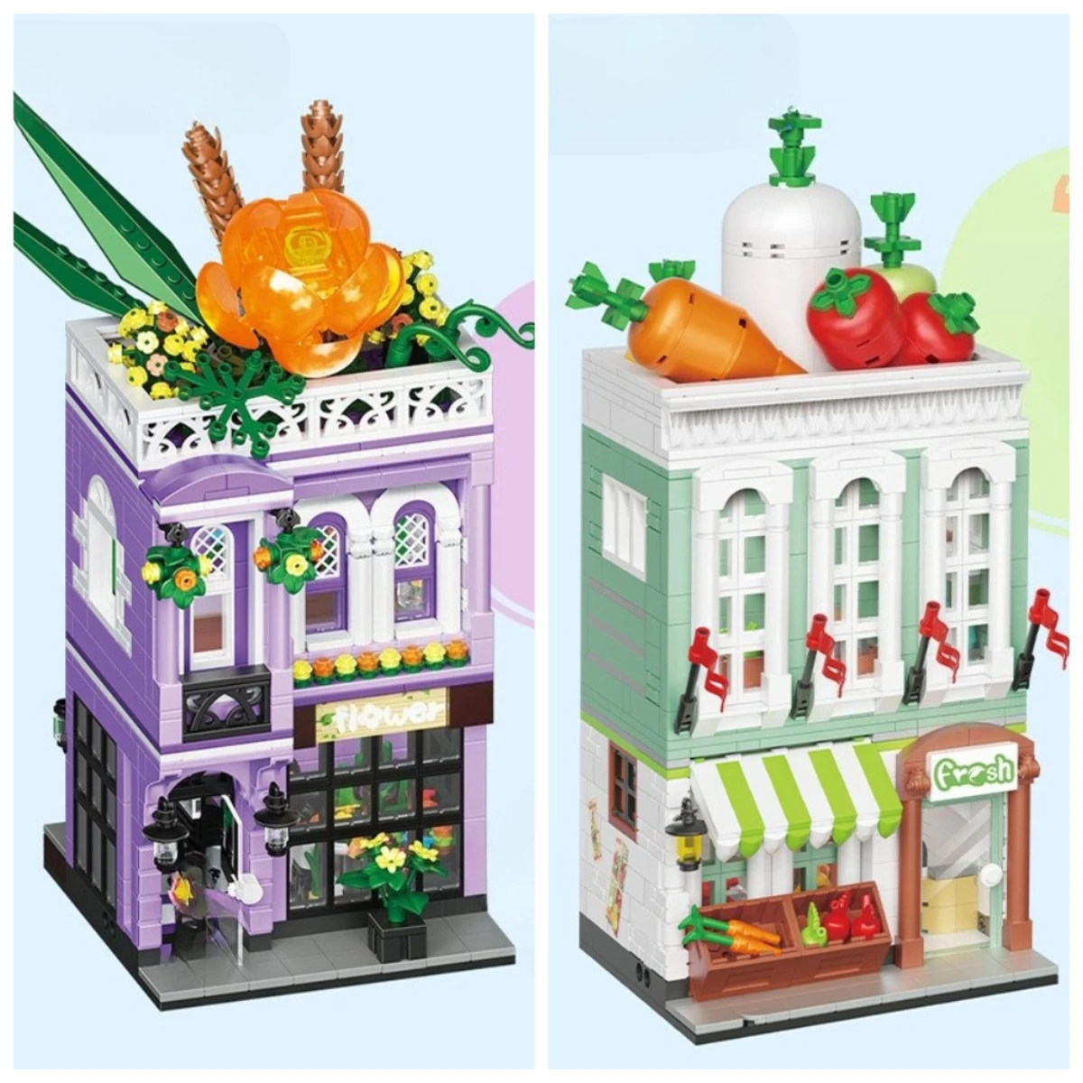 MOC 농업 차량 상점 꽃 카트 상점 블록 세트 쇼핑 상점 집 DIY 장난감 어린이 생일 휴일 선물