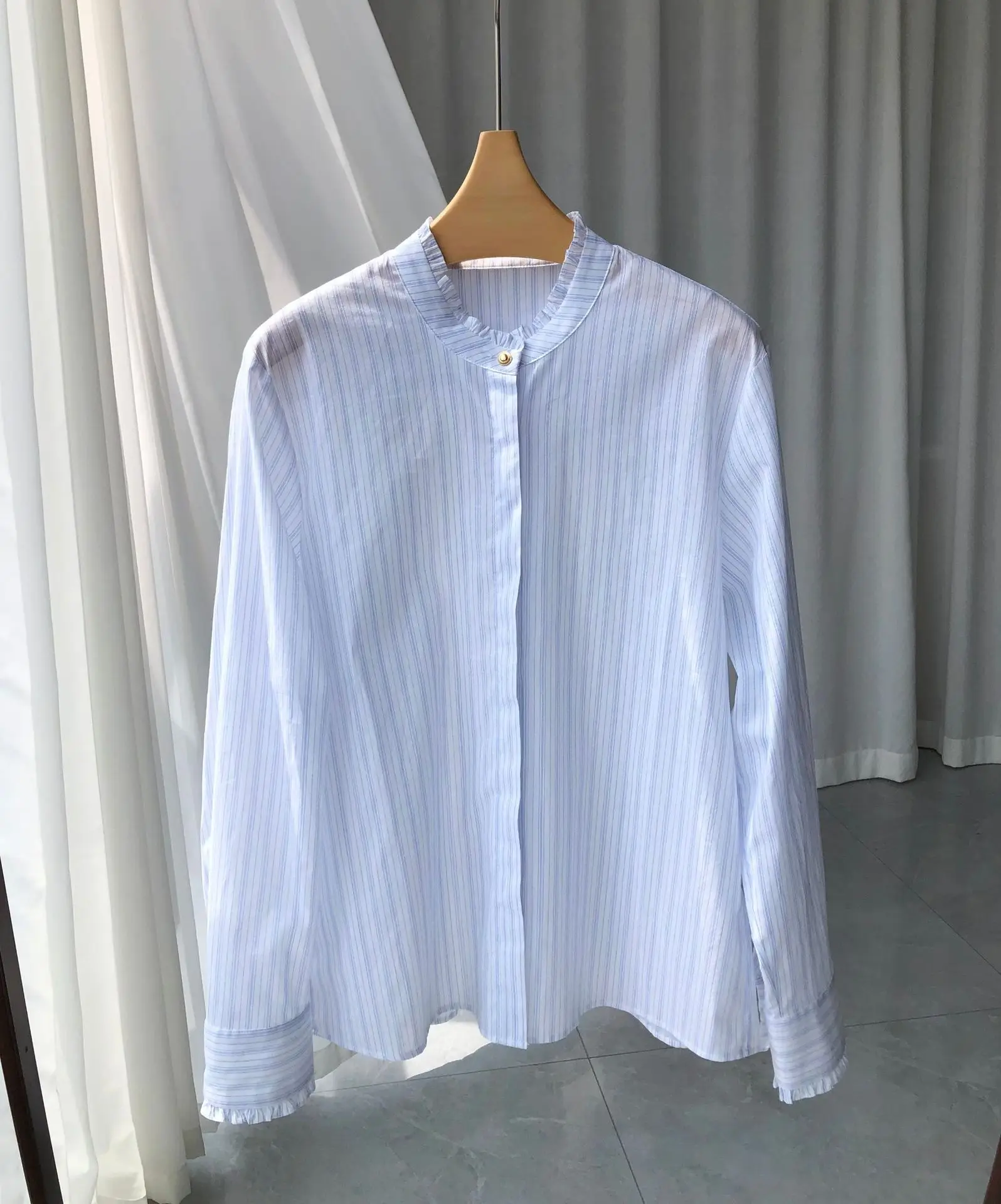 

2023 Spring Korean Style Women's High Quality 100%Cotton Blue Stripe Shirt Tops C030