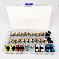 20 set/caja WH148 15MM Kit de potenciómetro único B5K/10K/20K/50K/100K con juego de perillas tuercas de eje