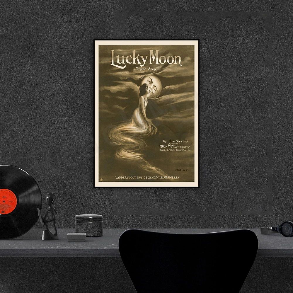 Moon Print • Vintage Lucky Moon Sheet Music Wall Art • Woman Kissing the Moon • Romantic 1920s Dreamy Night Sky Poster
