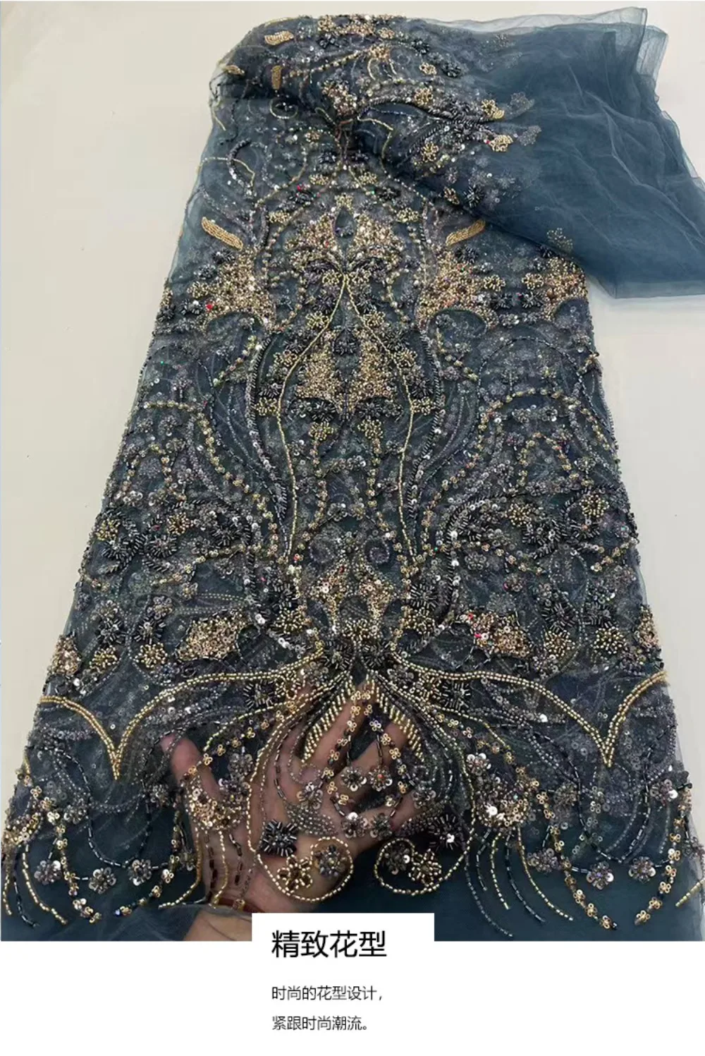 Black Tulle Lace with Indian Beadwork | Sequin Flower | Bridal Wedding Dress High-Quality Fabric