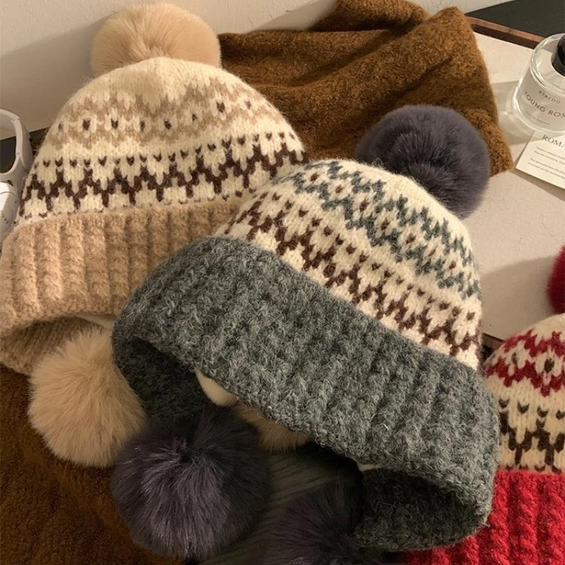 Berretto in maglia Fair Isle - Modello nordico con fodera termica e paraorecchie, cappello invernale slouchy per donna Natale