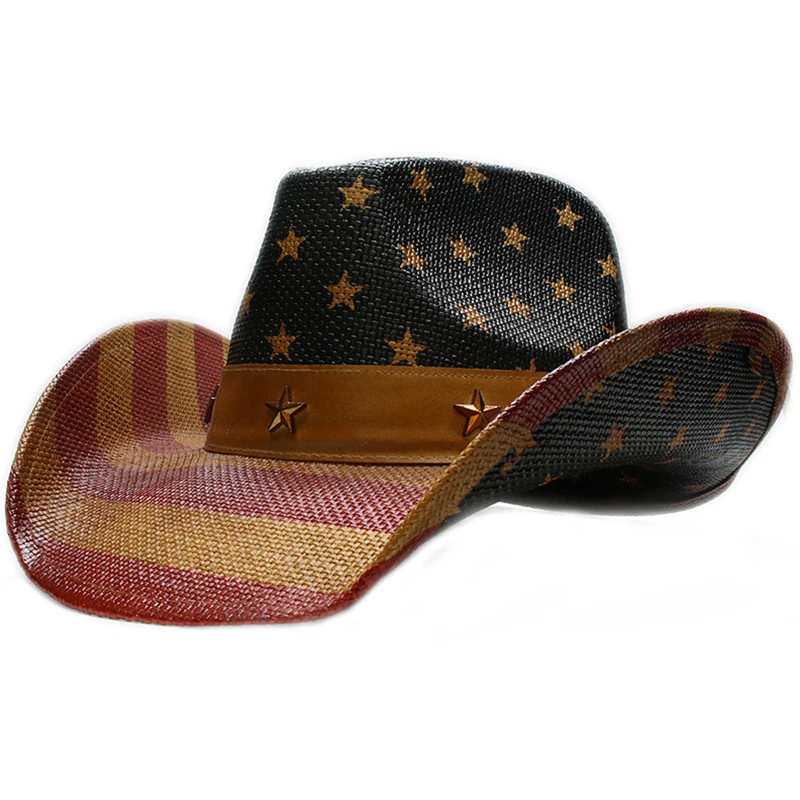 Star National Flag Band Women's Men's Unisex's Retro Hard Paint Straw Wide Brim Beach Cowboy Cowgirl Western Sun Hat