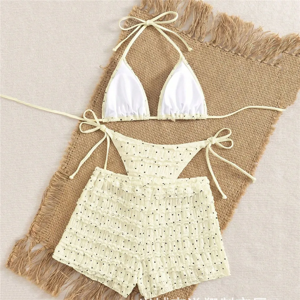 Light Yellow Dot Print Halter String Triangle Bikinis Sets 3 Pieces Bottoms Shorts Lace Swimwear Micro Thong Sexy Swimsuit Women