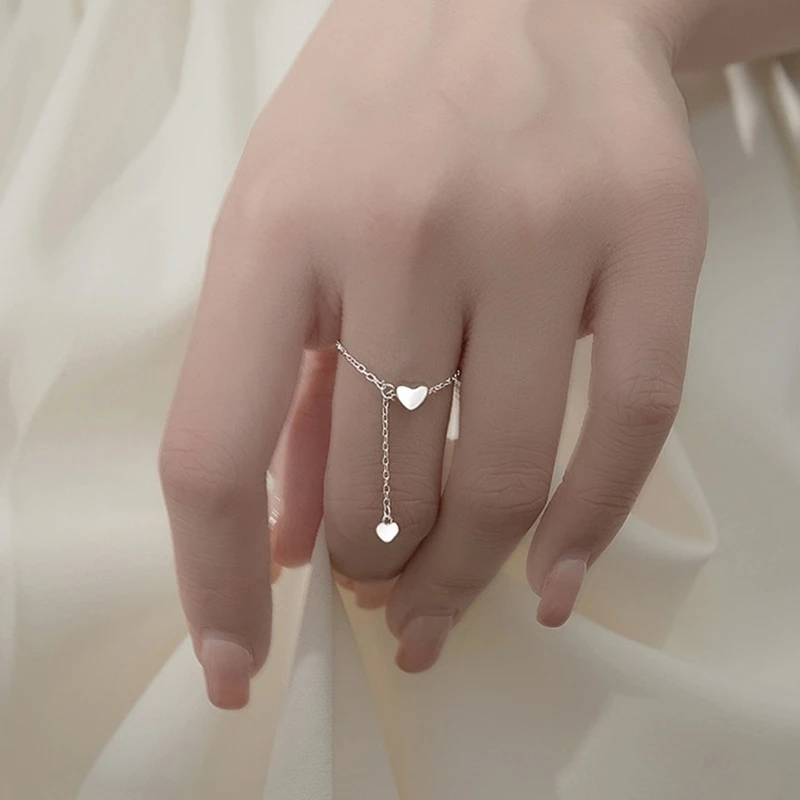 Simple Heart Tassel Adjustable Rings Silver Color Chain Pendant Ring Romantic Circle Rings Women Girls Finger Jewelry