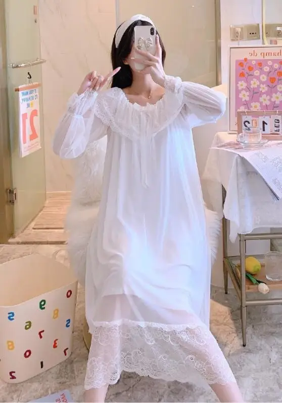 Women's Sweet Lace Long Sleeve Nightdress Loose Princess Style Gauze Nightgown Home Wear Spring Summer Palace Theme 2
