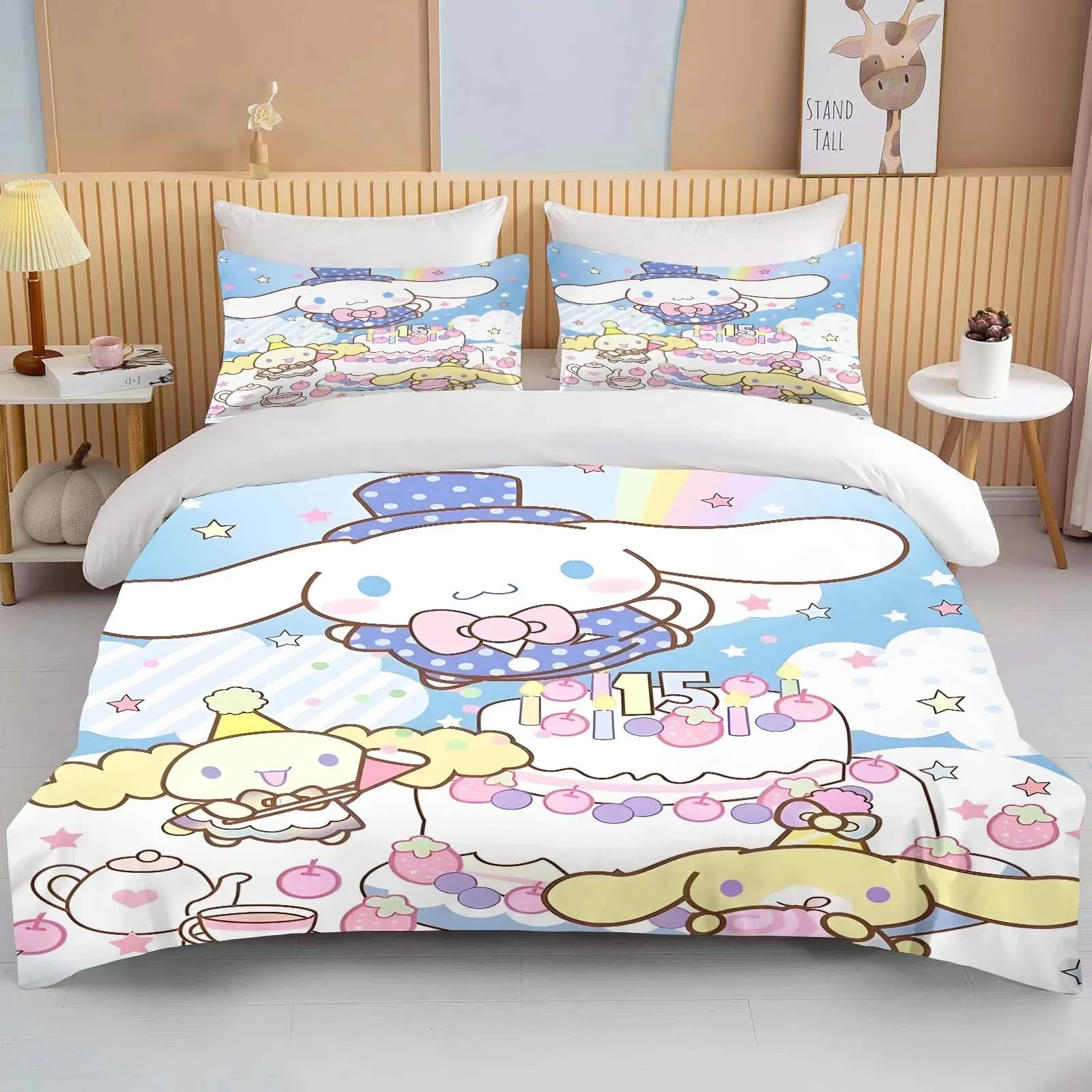 Kawaii Sanrio Cinnamoroll Zestaw pościeli z nadrukiem Poszwa na kołdrę 1 poszwa na kołdrę 2 poszewki na poduszki Zestaw pościeli dla dorosłych i