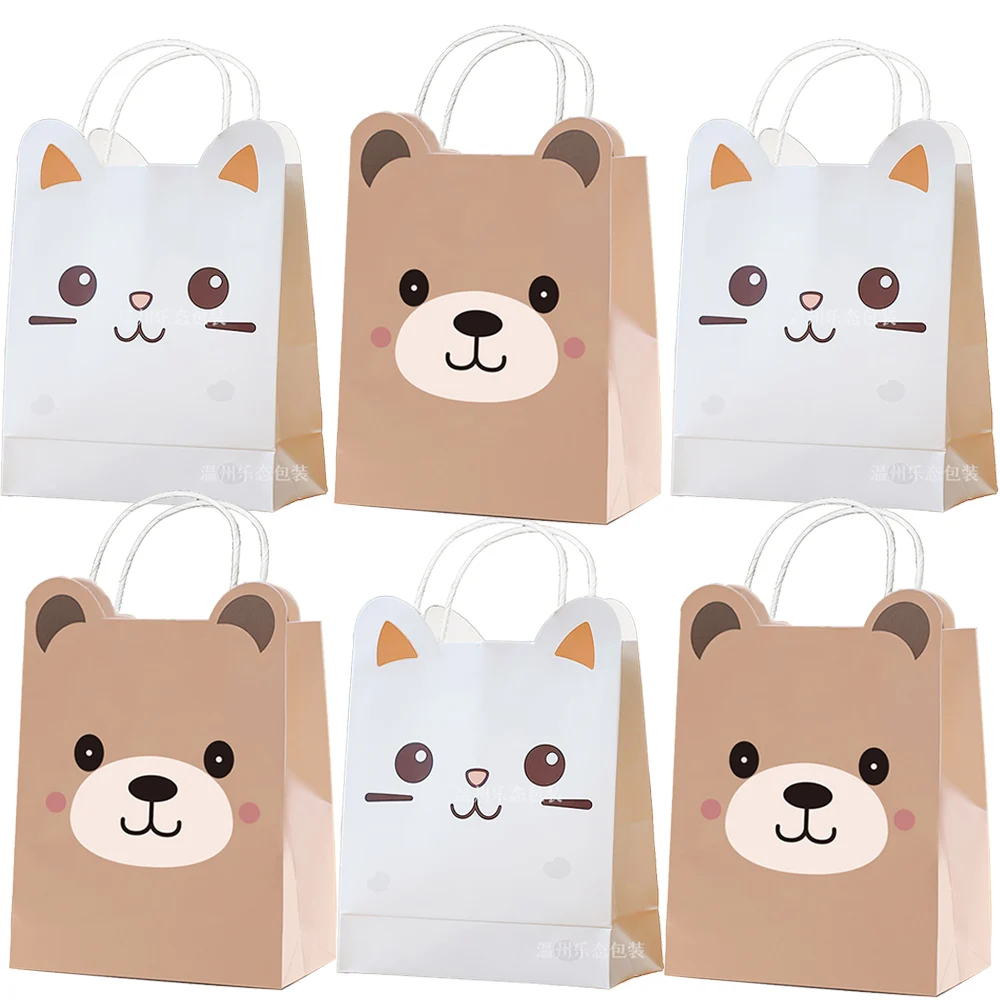 6/12/24/48 Stuks Dieren Papieren Goodie Bags Met Handvat Panda Kat Beer Gift Bag Snoep Koekjes Zakken voor Party Decoraties Levert