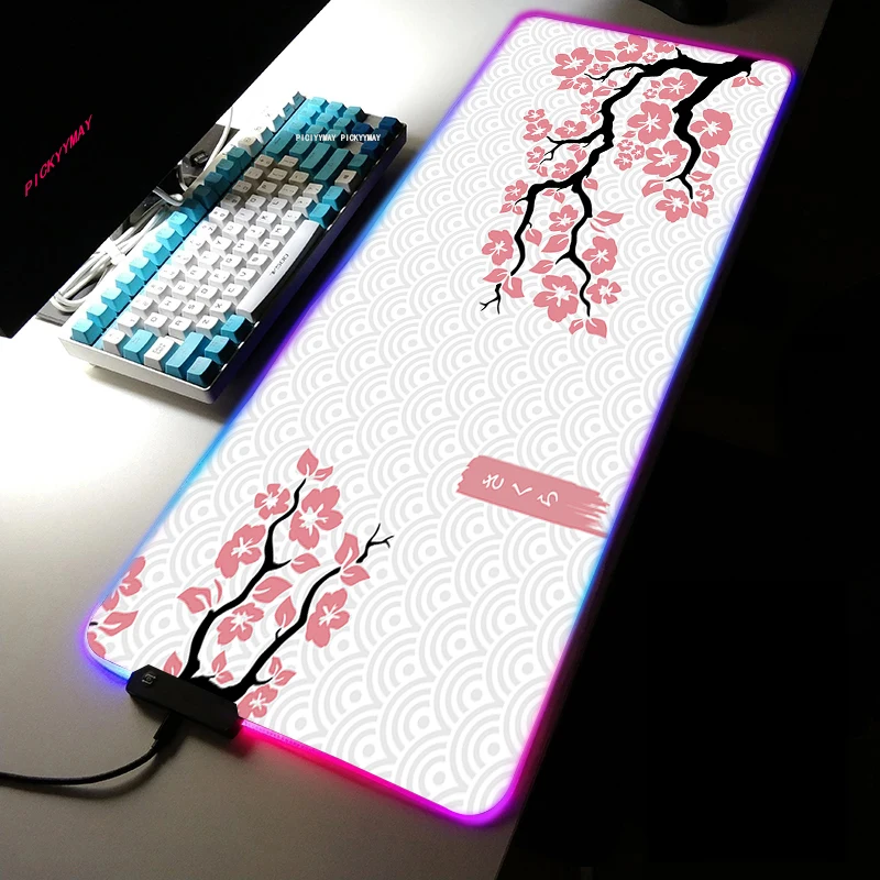 Imagem -02 - Sakura Rgb Mouse Pad Gamer Acessórios Grande Rosa Led Luz Mousepads Xxl Gaming Computador Mesa com Backlit Borracha Mouse Esteira