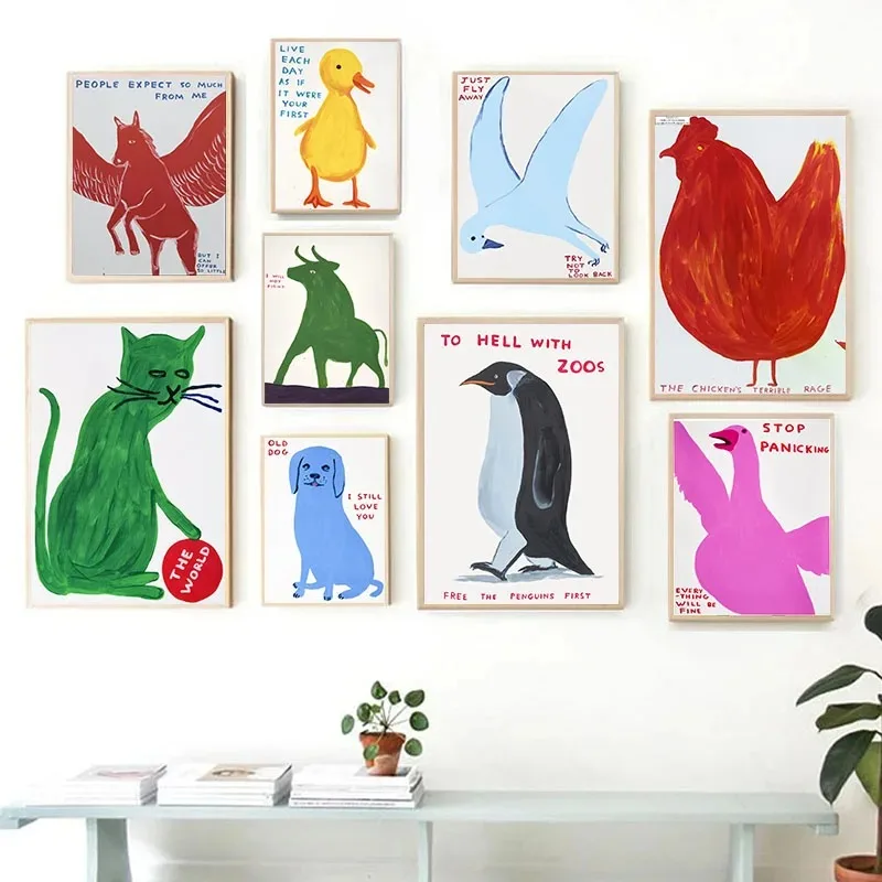 David Shrigley Dog Cat Tiger Penguin Rabbit Frog Poster Canvas Painting Nordic Animal Wall Picture Modern Living Room Home Decor