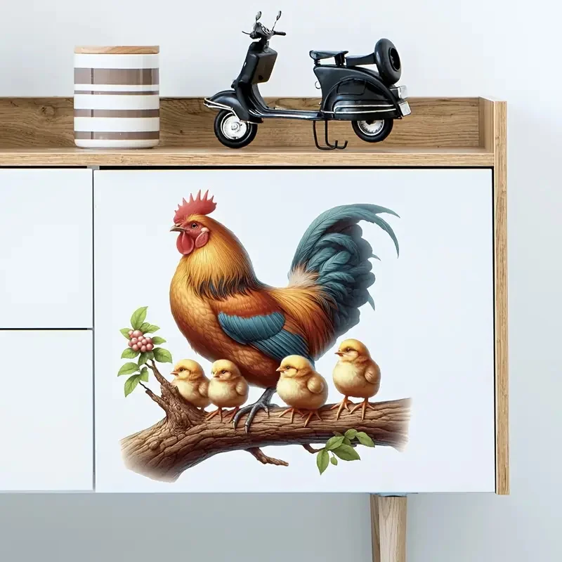 Colorful Rooster and Chickens Wall Decal,Vinyl Sticker, Reusable for Living Room, Bedroom, Glass Surfaces, Home Decal