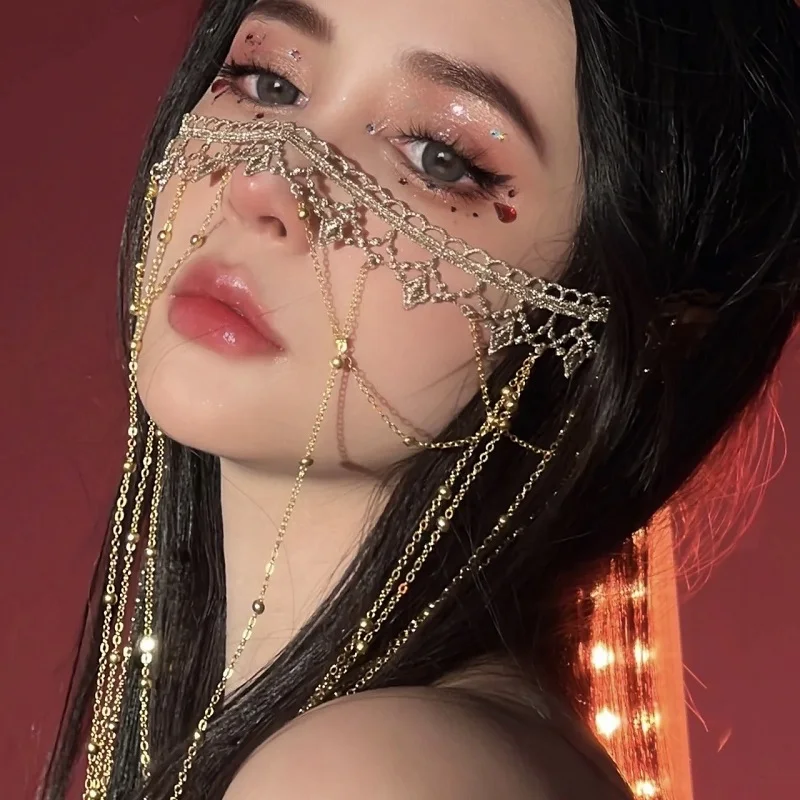 Vintage Chinese Style Lace Veil Mask Woman Metal Chain Face Mask Masquerade Dancing Face Curtain Charming Jewelry