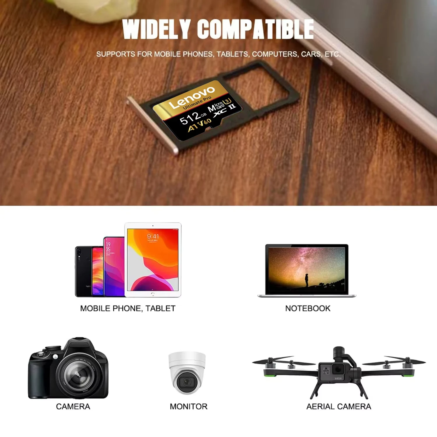 Lenovo Original 128GB Micro SD Card UHS-I A1 V60 Memory TF Card for Smartphone Camera Drone 4K Video Recording