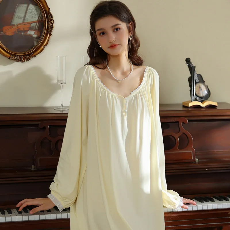 Women Autumn Full Sleeves Cotton Sleepwear Simple Round Neck Plus Size Nightdress Long Mid-Calf Loose Nightie Casual Home Dress