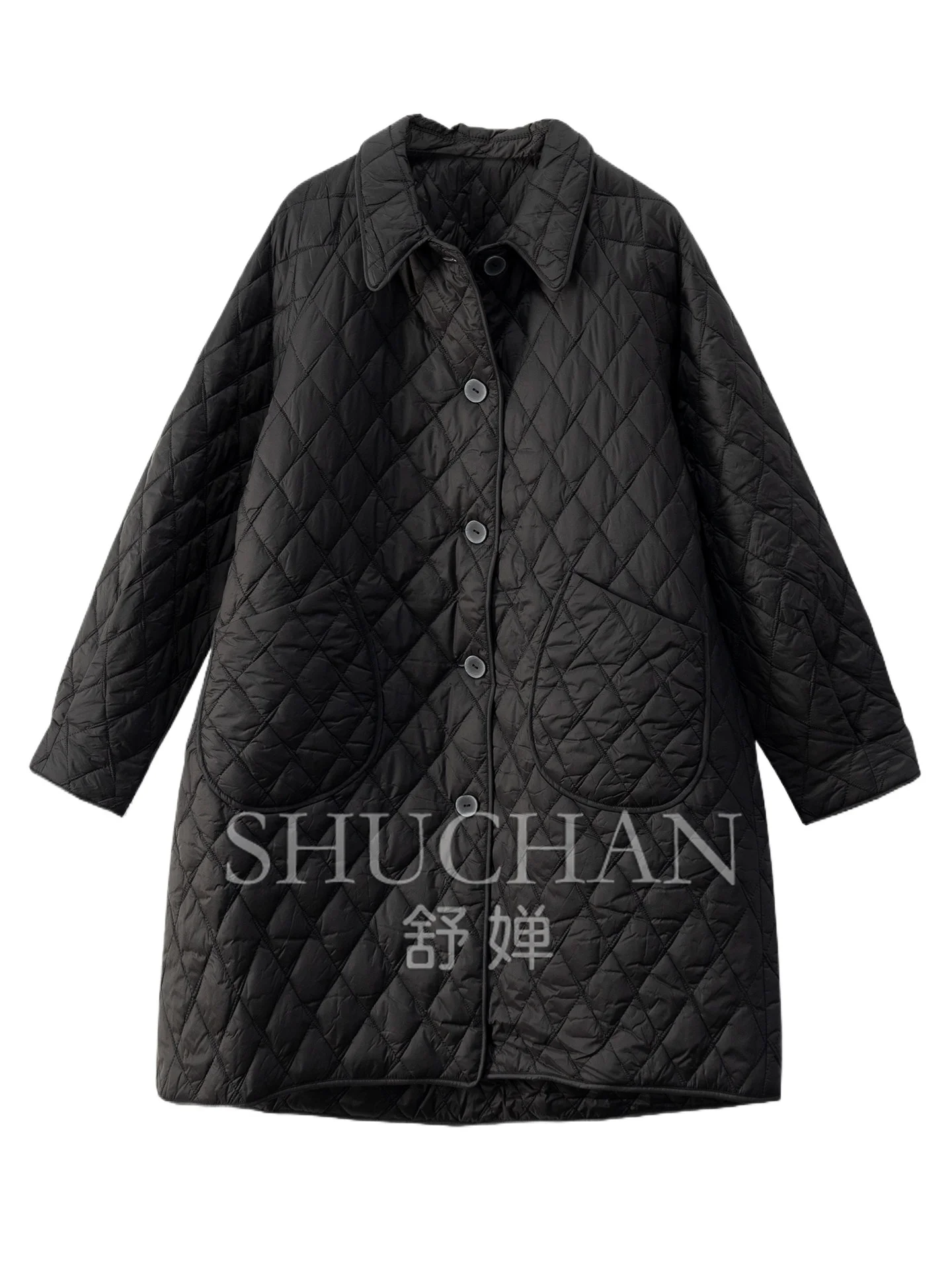 Welfare! Rhombus Quilting, Light and Not Bloated, Neat and Thin Medium and Long Coat Cotton Clothes Women 59G5