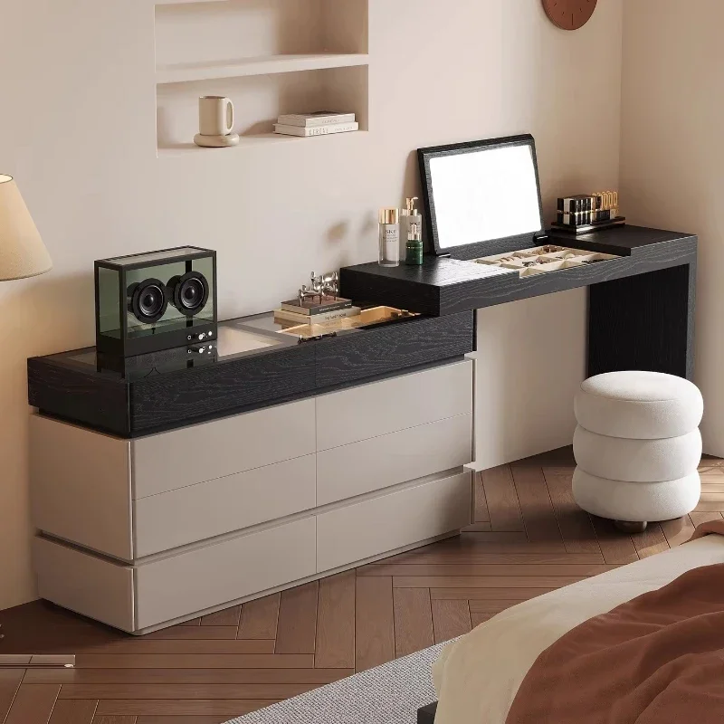 

Solid wood multi-layer vanity table with lighted mirror baking paint makeup table, suitable for apartment use