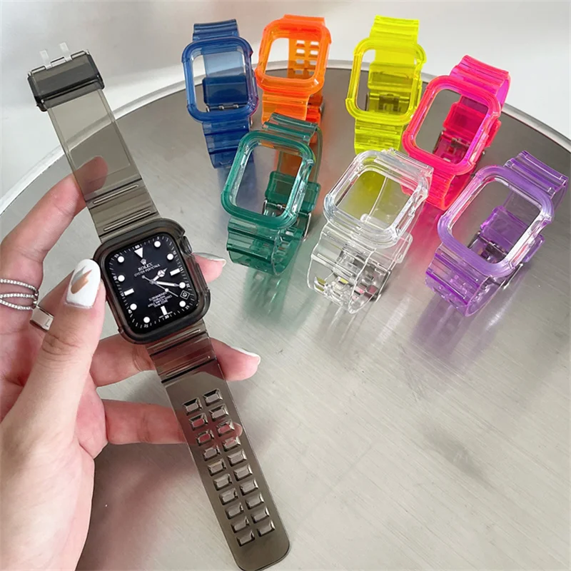 Clear Band+Case For Apple Watch 8 7 6 SE 5 3 2 1 Soft Transparent Silicone Strap For iWatch Strap 40mm 44mm 42mm 41mm 45mm 49mm