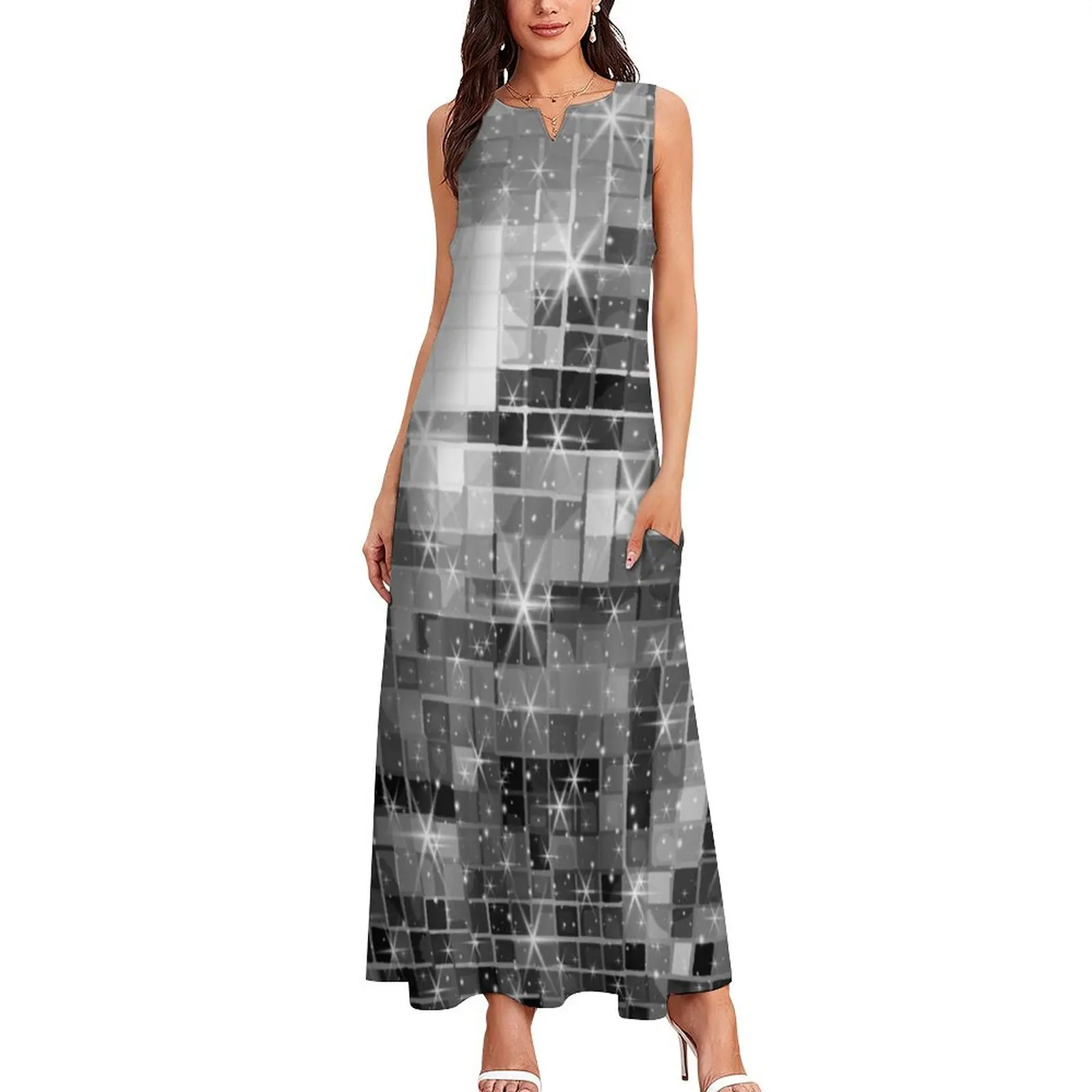 Twinkle Silver Disco Ball All Over Pattern Long Dress Women's dresses evening dress woman dress for woman