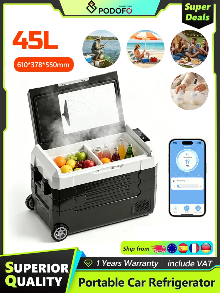 Podofo Auto-Kühlbox 35L 45L 55L Auto-Kühlschrank Mini-Kühlbox DC 110-240V Dual-Zone Tragbarer Kompressor-Kühler Eisbox für Camping, Reisen, Zuhause