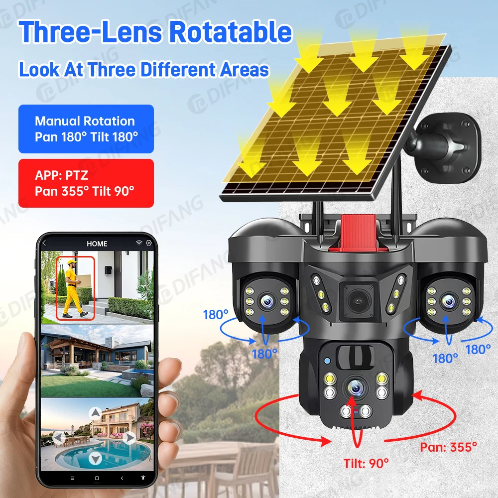 

【3-View Split Screen】V380 Solar 4G/WiFi CCTV Camera 100% Wire-Free Outdoor PTZ IP Cam， 360° Pan/Tilt 10X Zoom， IP66