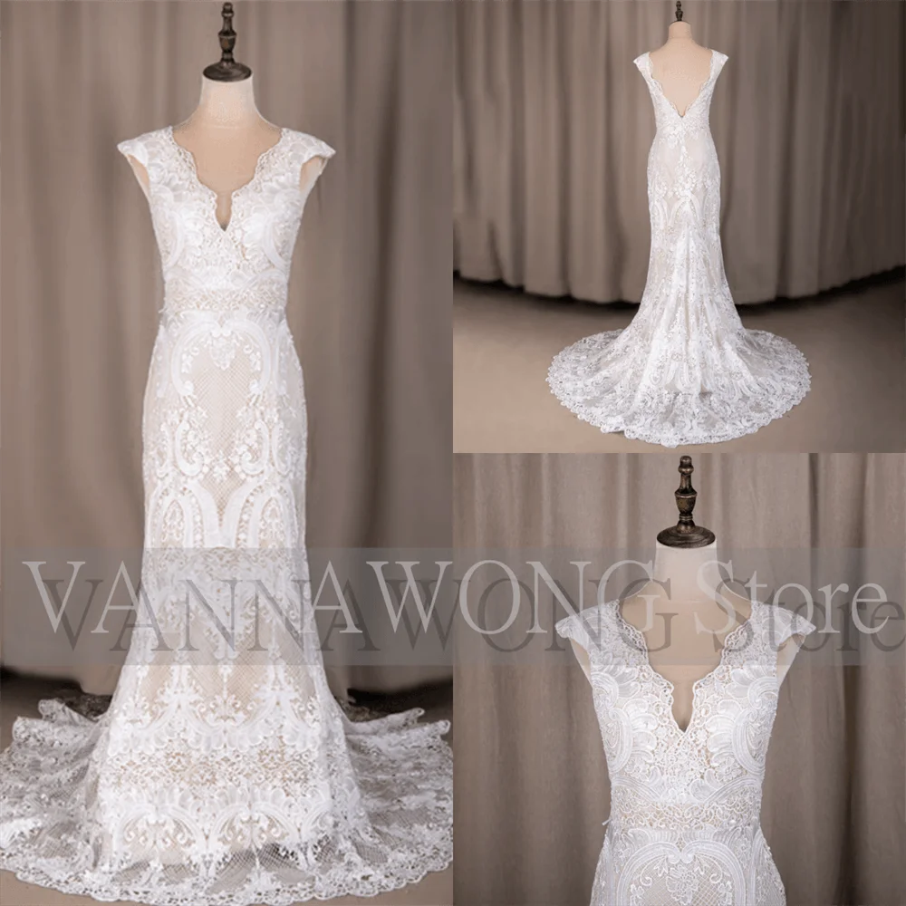 794#100% Real Photos Sexy V-Neck Open Back Cap Sleeves Mermaid  Bohemian Sweep Train Lace Wedding Dress Bride Gown for Women2023