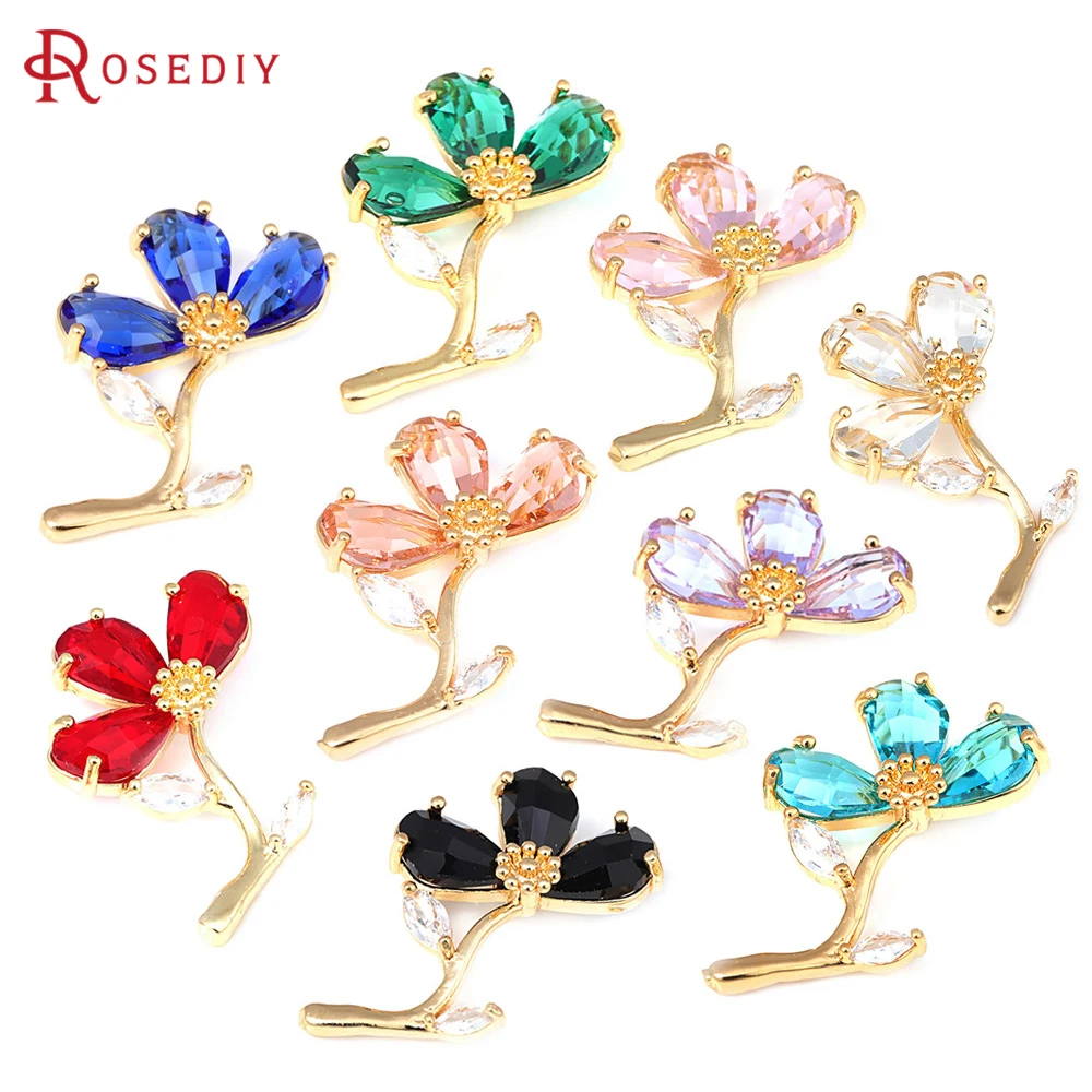 

4PCS 18K Gold Color Brass and Zircon and Glass Flower Charms Pendants Diy Jewelry Making Necklace Earrings Accessories for Women