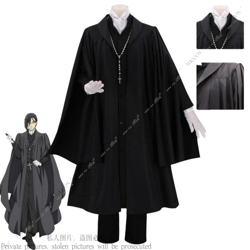 Sebasuchan Anime Black Cosplay Costume Wig Blindfold Ciel Phantomhive Sebastian Michaelis Cross Necklace Boarding School Pastor