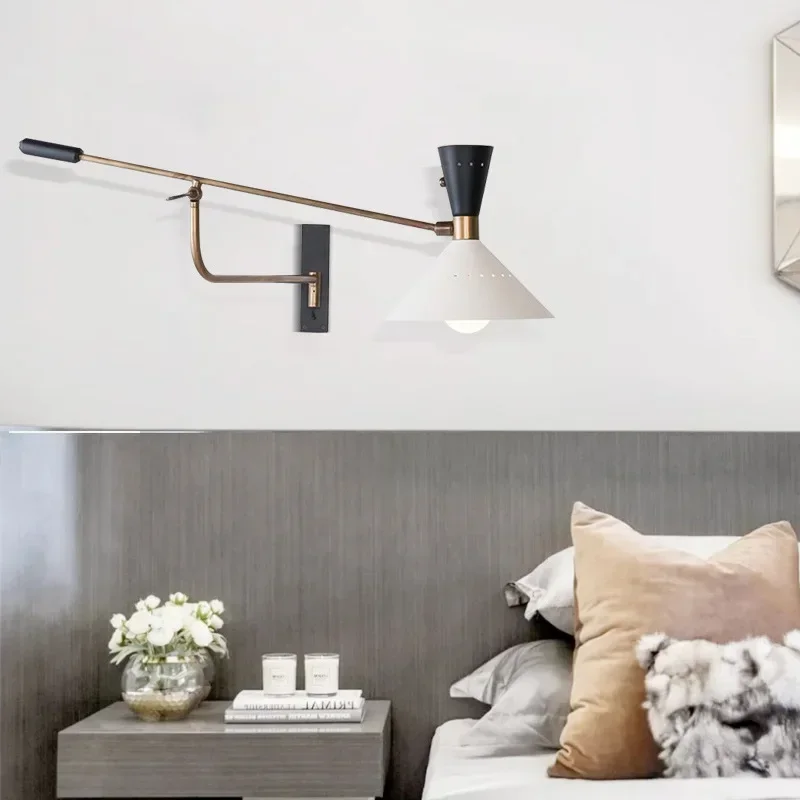 Minimalist Artistic Swing-Arm Wall Lamp Nordic Long Arm Wall Light Bedroom Sconce Adjustable Study Reading Lamp with E27 Bulb