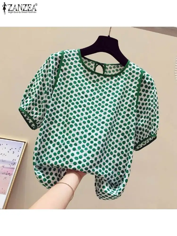 ZANZEA Casual Loose Women Blusas Mujer 2024 Summer Stylish Tied Back O Neck Puff Sleeve Tunic Tops Polka Dot Elegant Blouses