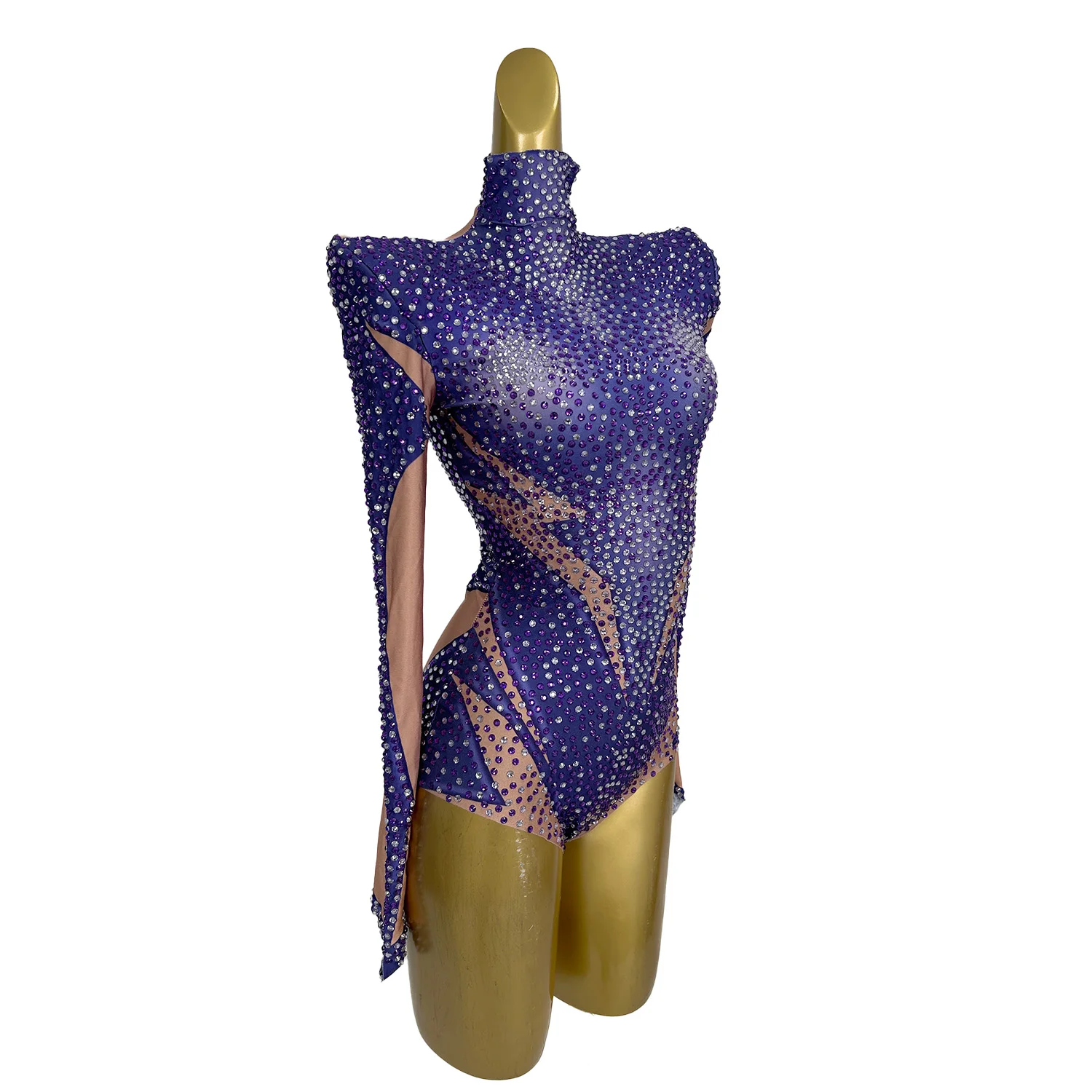 Women Sexy Purple Rhinestone Dancer Bodysuit Spandex Sparkly Crystal Leotard Showgirl Elastic Stage Performance Wear Shandian