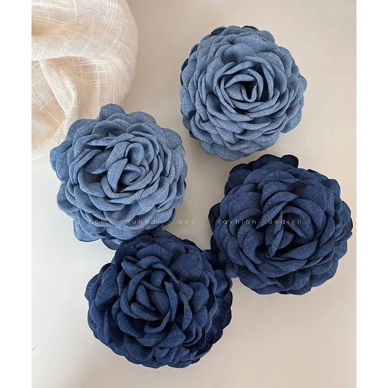 Large Denim Blue Rose hair Clip Female 2024 New Flower Hairpin Back Head Large Shark Clip Headdress