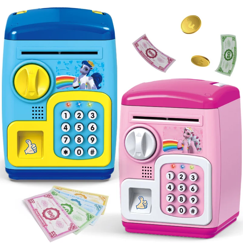 

Money Electronic Piggy Bank ATM Password Box Cash Coins Saving ATM Bank Safe Box Auto Scroll Automatic Deposit Gift for Kids