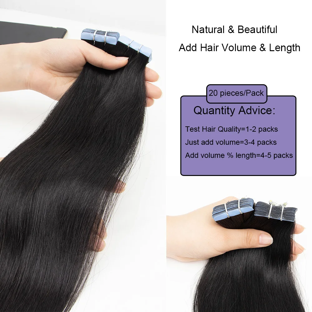 Cinta recta en extensiones de cabello humano para mujer, negro Natural, 12 ''-26'', extensiones de cabello Remy Real, 20 unids/lote por paquete