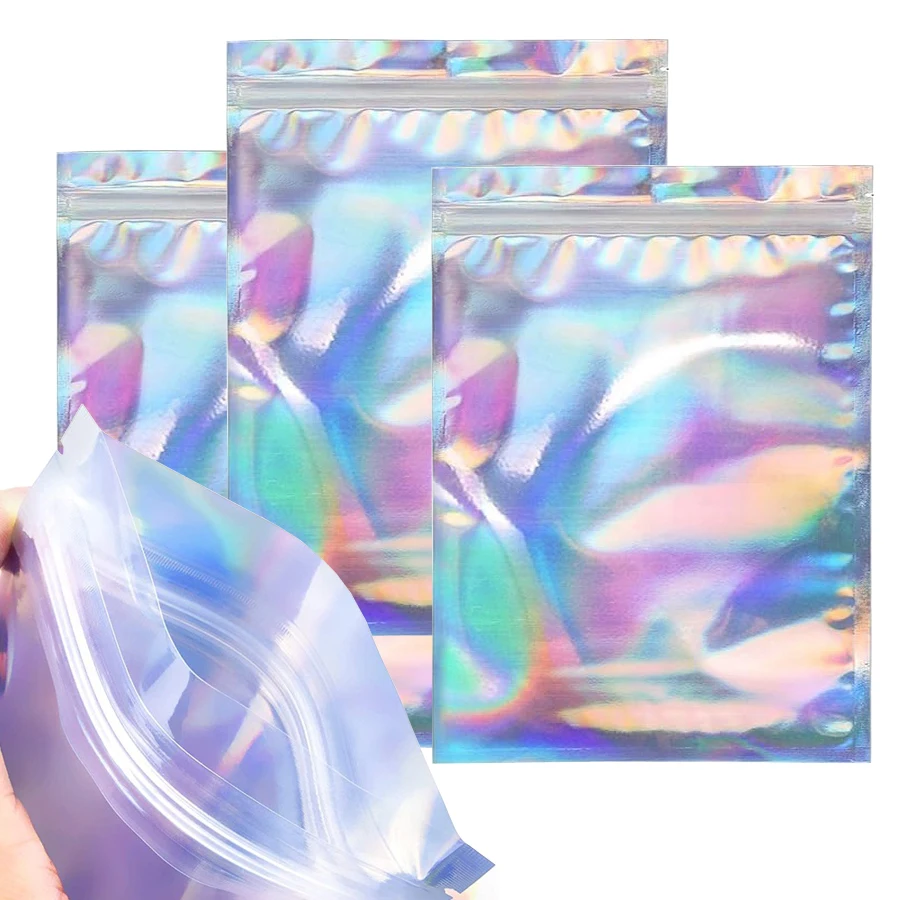 10 Stück holografische Folienbeutel mit wiederverschließbarem Reißverschluss für Nagelsteine, Schmuck, Make-up, Gel-Lack, Verpackung, Geschenkbeutel – Detail 1