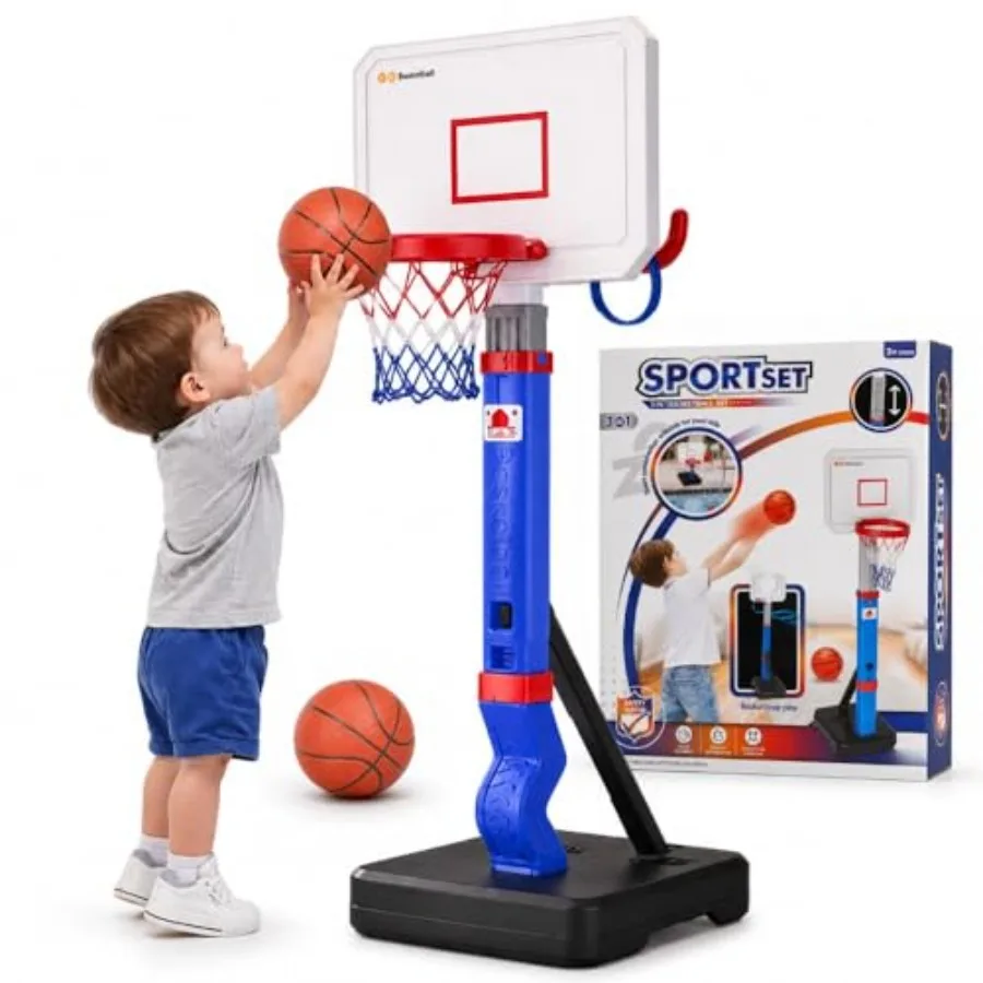 

Toddler Basketball Hoop with Ring Toss, Height Adjustable Indoor and Poolside Outdoor Basketball Hoop Set with Mini Balls, Ring