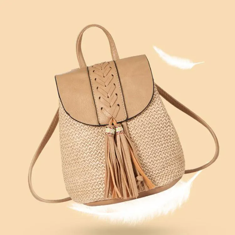 PU Leather Cover Straw Backpack para meninas, Leisure Woven School Bag, Knitting Beach Bag, Ladies Travel Holiday Bag, 2023