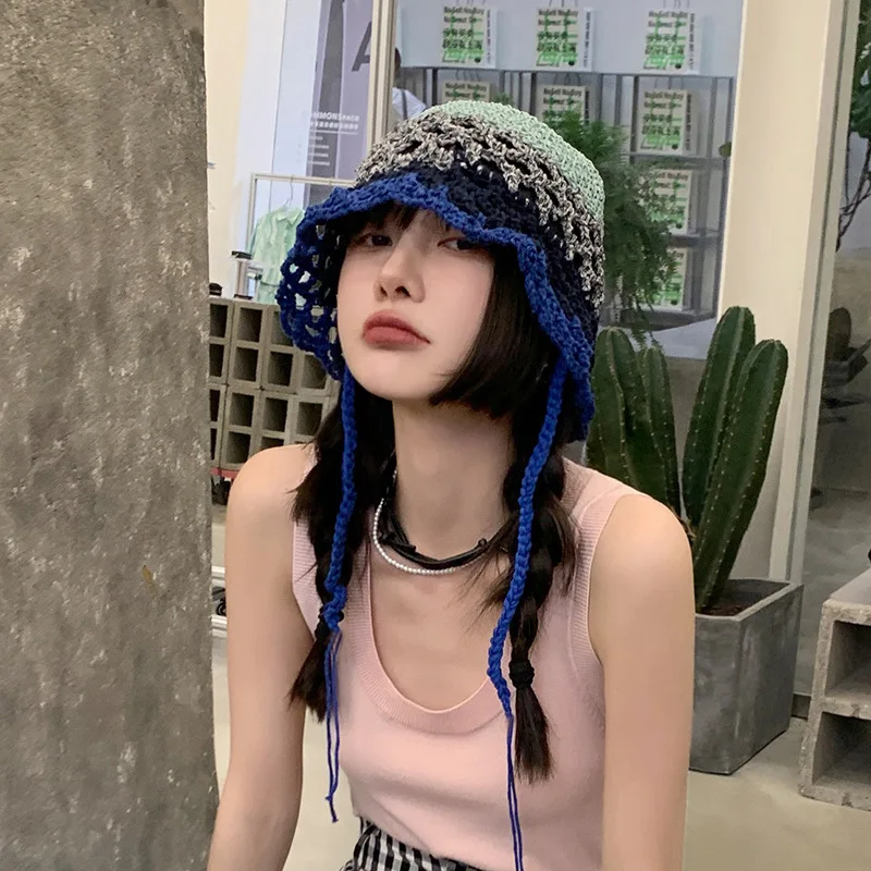 monaSame Style Hat Female Autumn and Winter Hollow out Bucket Hat Internet Celebrity Niche Contrast Color Knitted Toque Stitchin