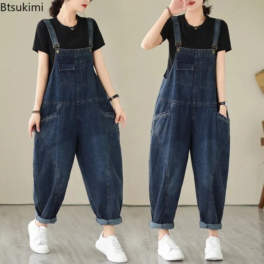 

Spring Autumn Fashion Women's Multi Pocket Cargo Suspender Jeans Female Vintage Patchwork Denim Overalls Casual Loose Jumpsuits