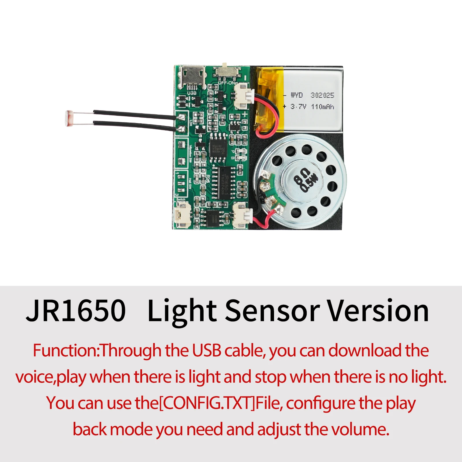 8M Light-Activated Sound Module USB Downloadable & Recordable Voice Chip with MP3 Audio Playback for Xmas Greeting Card Gifts.