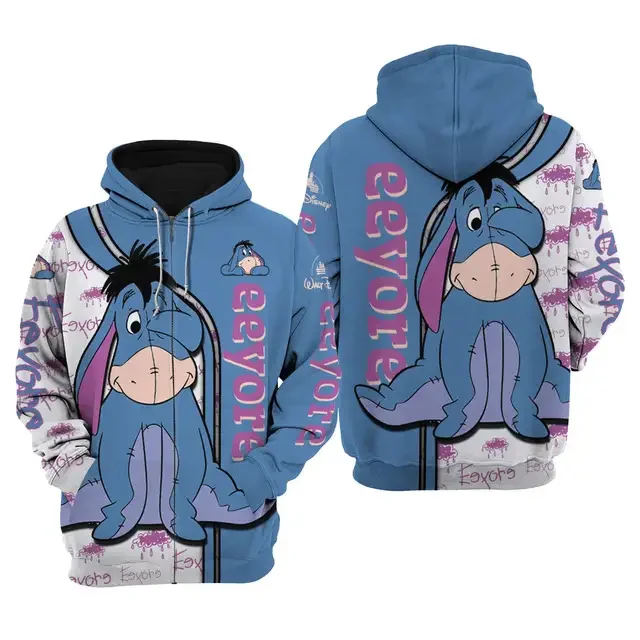 2025 Disney Eeyore Winnie the Pooh Unisex Cartoon 3d Hoodies for Men and Women Fashion Vintage 3d Zipper Hoodies Customized Name