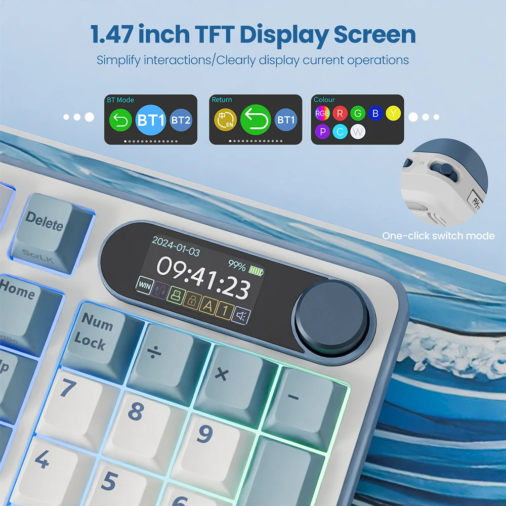 Teclado Mecánico Inalámbrico ROYAL KLUDGER S98 Español con Pantalla TFT Superior, 98 Teclas RGB, Intercambiable en Caliente, Tri-modo, para Gamers 4