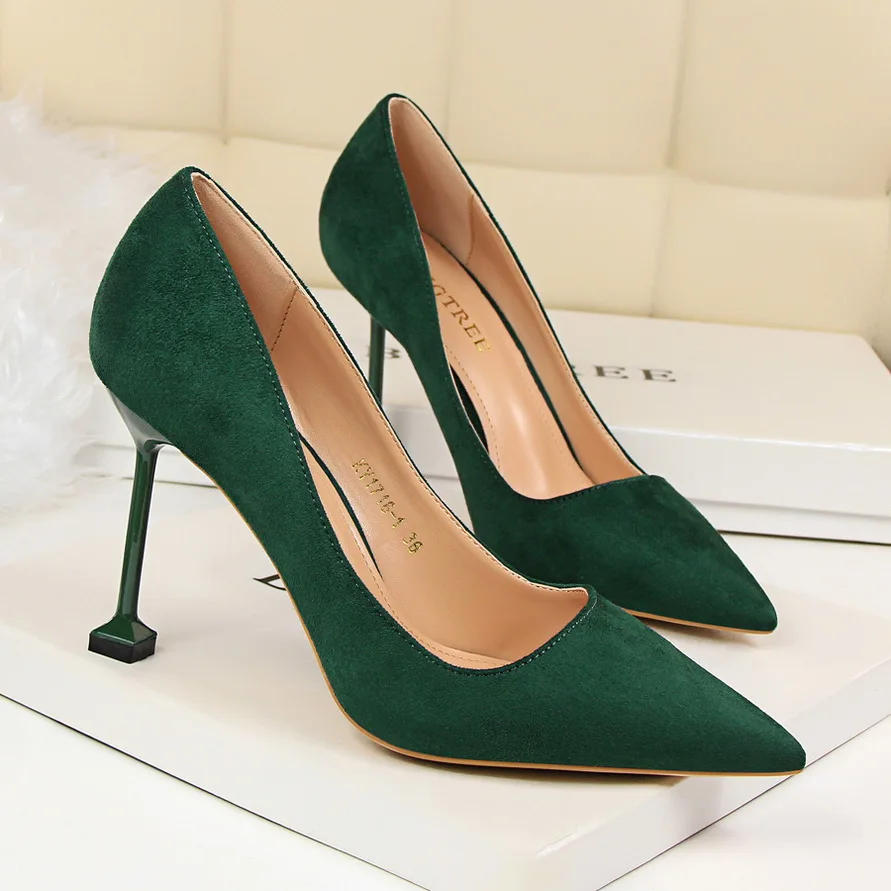 Women 9.5cm High Heels Korean Pumps Lady Wedding Bridal Suede Flock Purple Green Red Stiletto Heels Nightclub Office Party Shoes