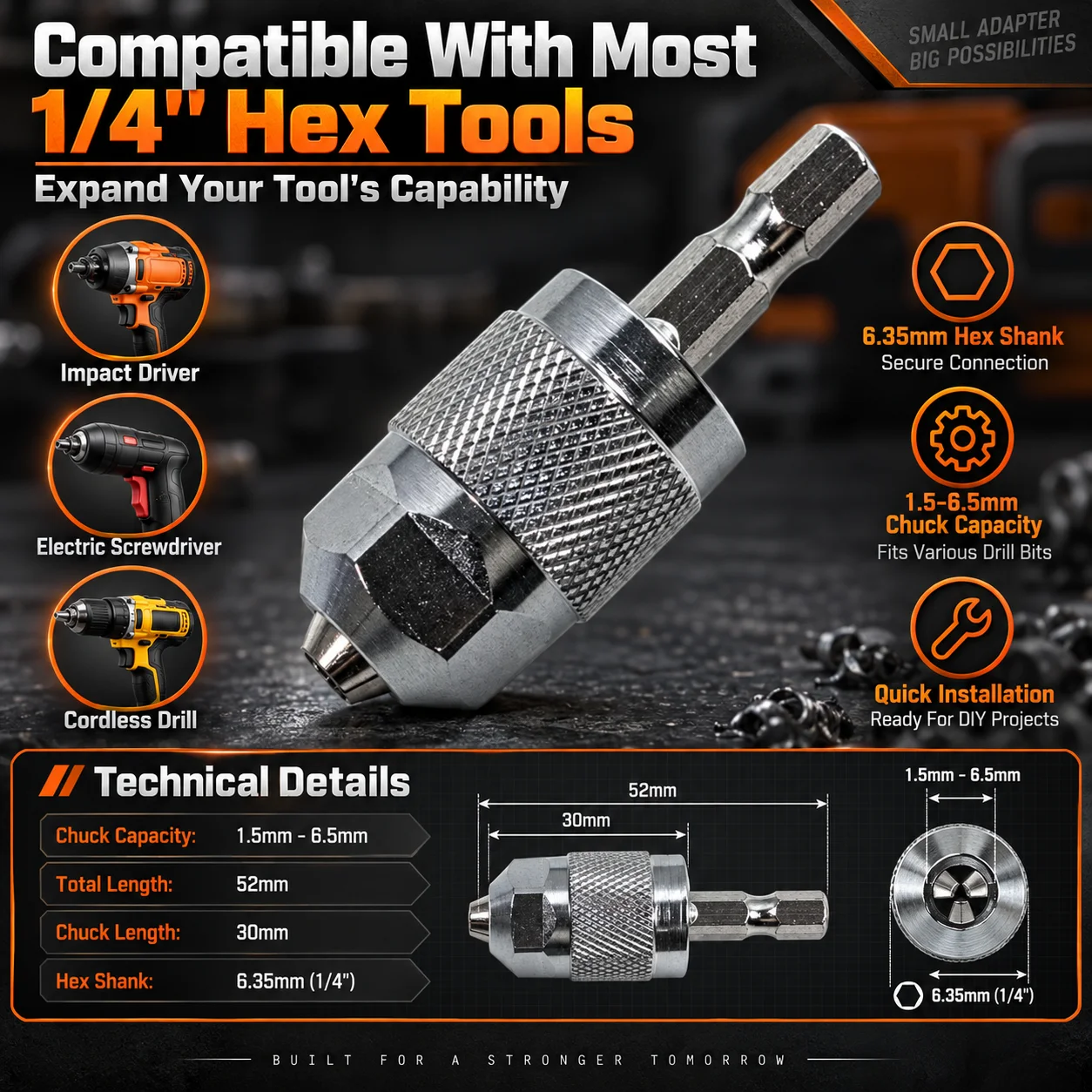 3-Jaw Keyless Drill Chuck Adapter 1.5-6.5mm Hex Shank Quick Change Converter for Electric Drill Woodworking DIY Tools - view 6