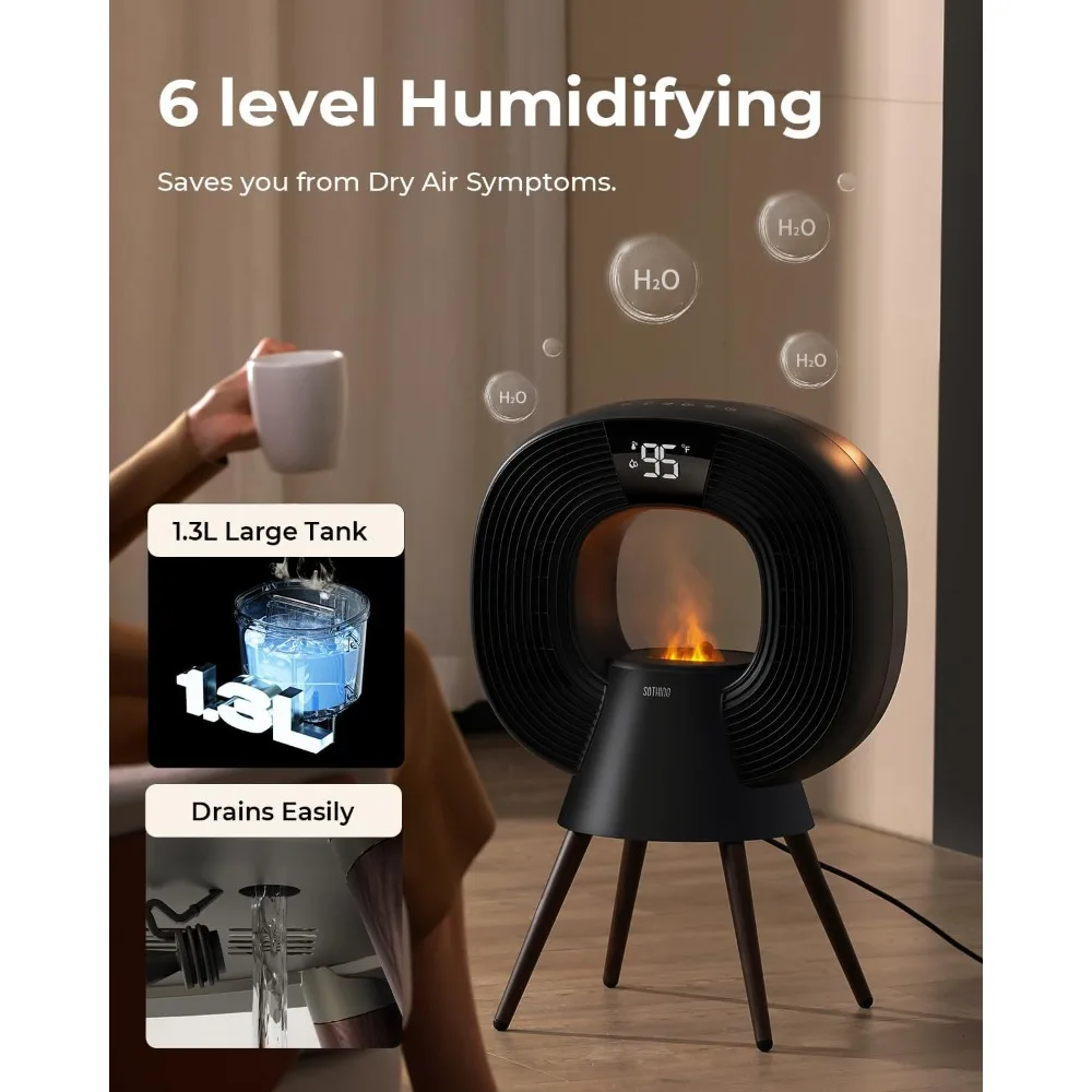 3-in-1 Humidifier with Flame Light Aesthetic Design, Space Heater Indoor Large Room, Sleep Mode for Bedroom, Office