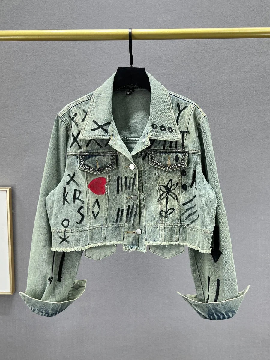 

Trendy ort Denim Jaet Women's Slim Fit Diamond Embellied Street Sle Cotton Polyester Blend Autumn Faion Top