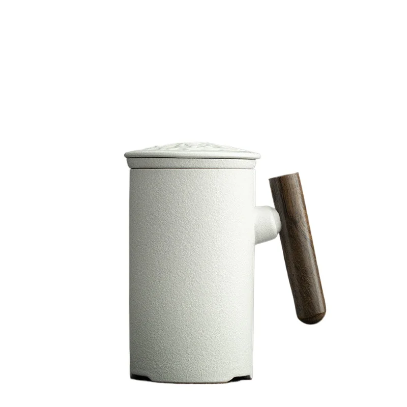 

:350ml Retro Japanese Ceramic Mug Office Tea Cup With Cover Filter Liner Coarse Ceramic Wooden Handle Mug Coffee Cups Drinkware