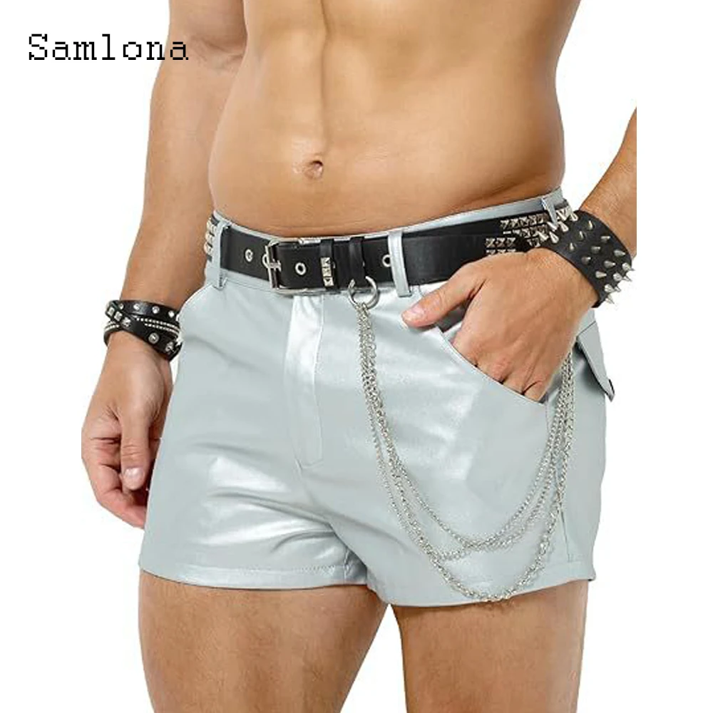 2026 Men's Rock Style PU Leather Shorts Sexy Night Club Dance Shorts European Fashion Zipper Pocket Faux Leather Short Pants New